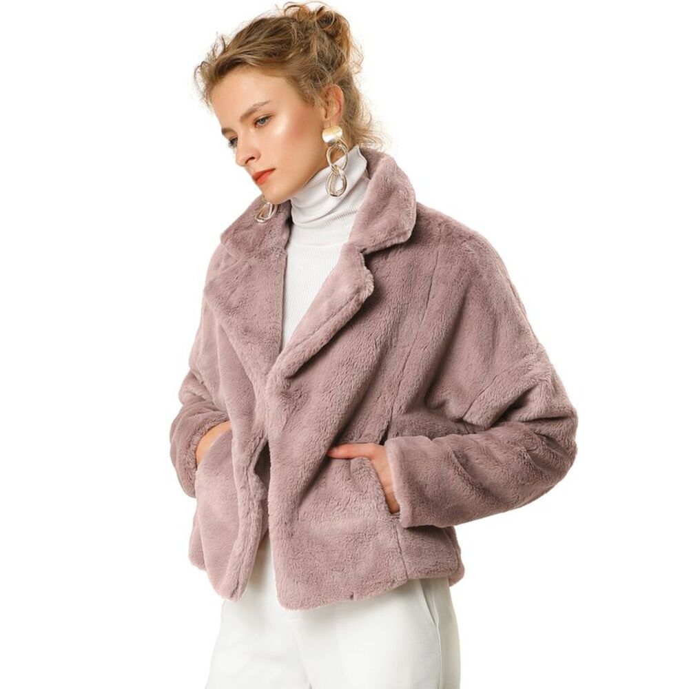 Cropped Jacket Notch Lapel Faux Fur Fluffy Coat Dusty Pink